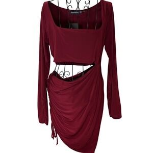 PrettyLittleThing Burgundy Cutout Ruched Bodycon Midi Dress Long Sleeve Size 12